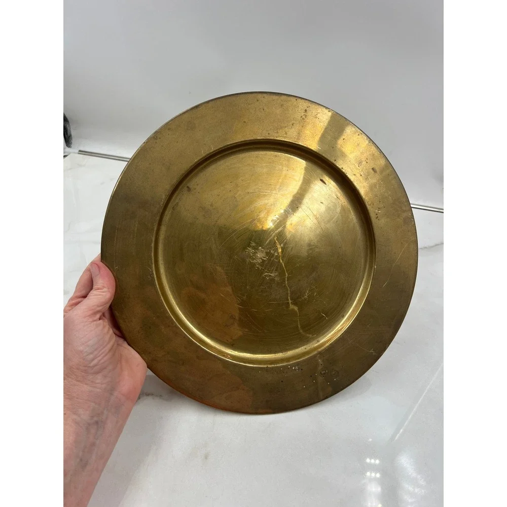 Vintage Solid Brass Charger Plate 12 Inch Made in India Decorative Tray Patina
